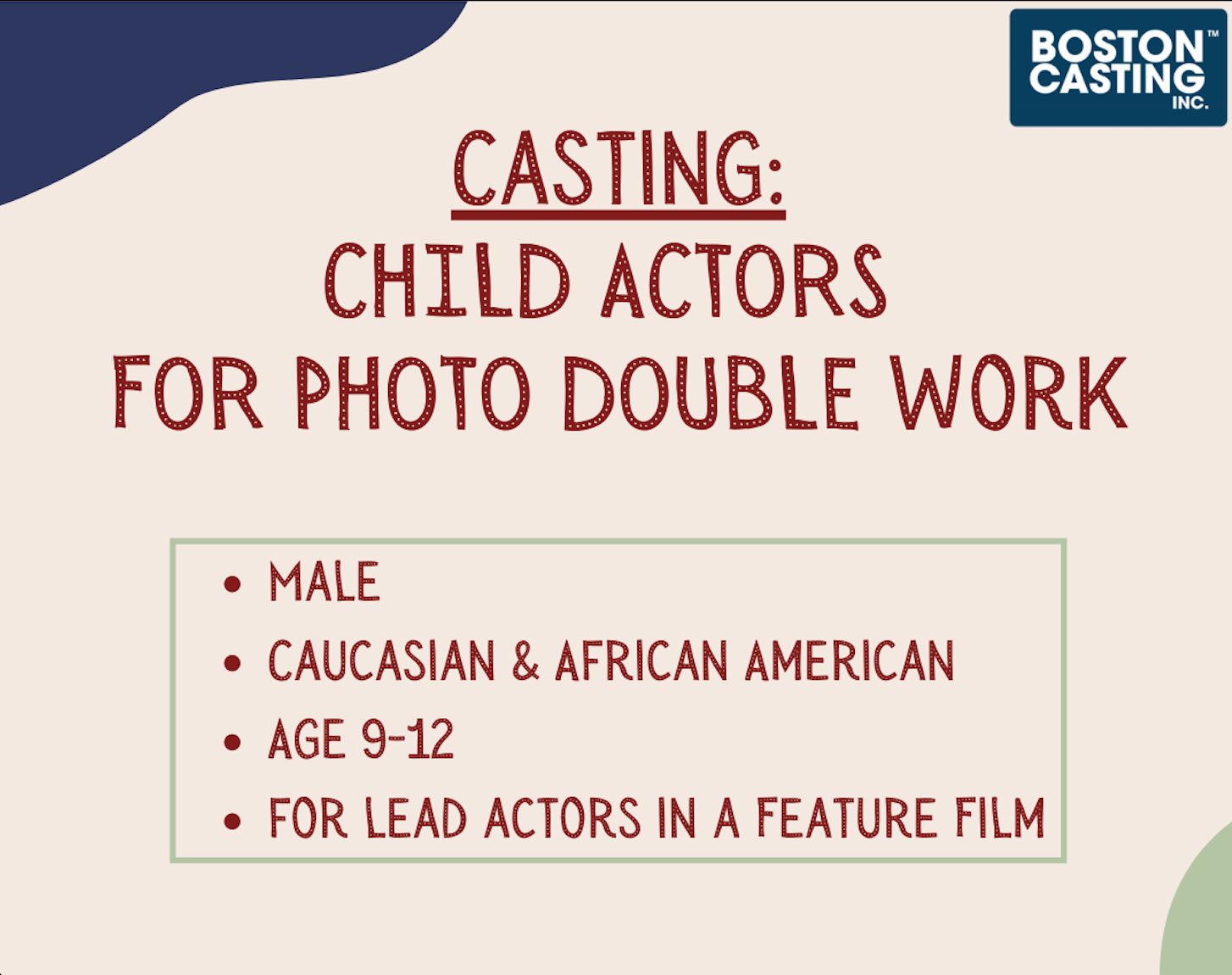CASTING: CHILD ACTORS FOR PHOTO DOUBLE WORK- MALE AGES 9-12- FOR LEADS ...